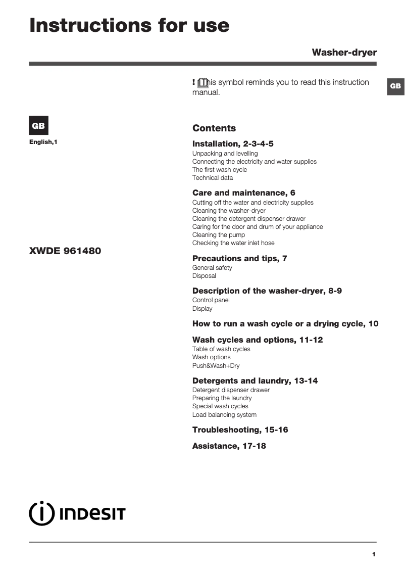Page n°1 - Instructions / montage Indesit XWDE 961480X WKKK UK