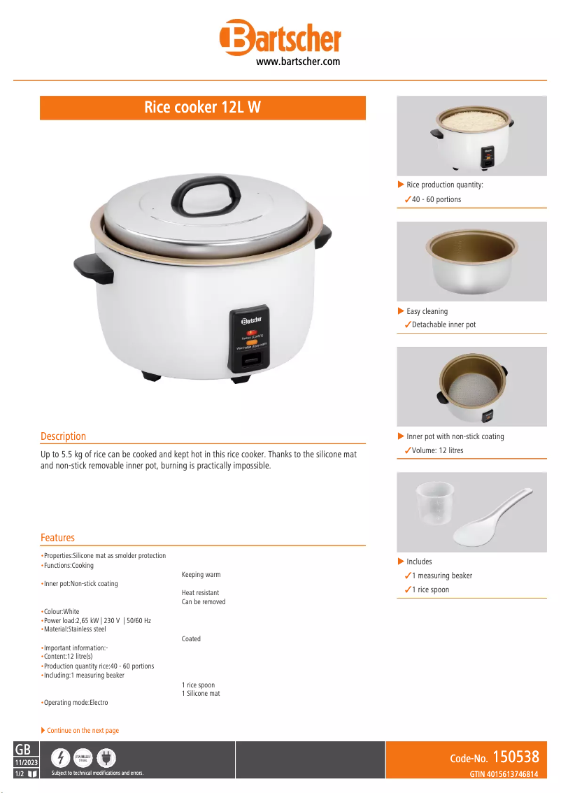 Page 1 de la notice Fiche technique Bartscher 150538