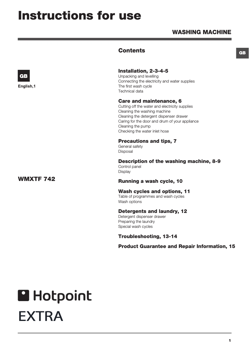 Page 1 de la notice Manuel utilisateur Hotpoint WMXTF 742P UK.M