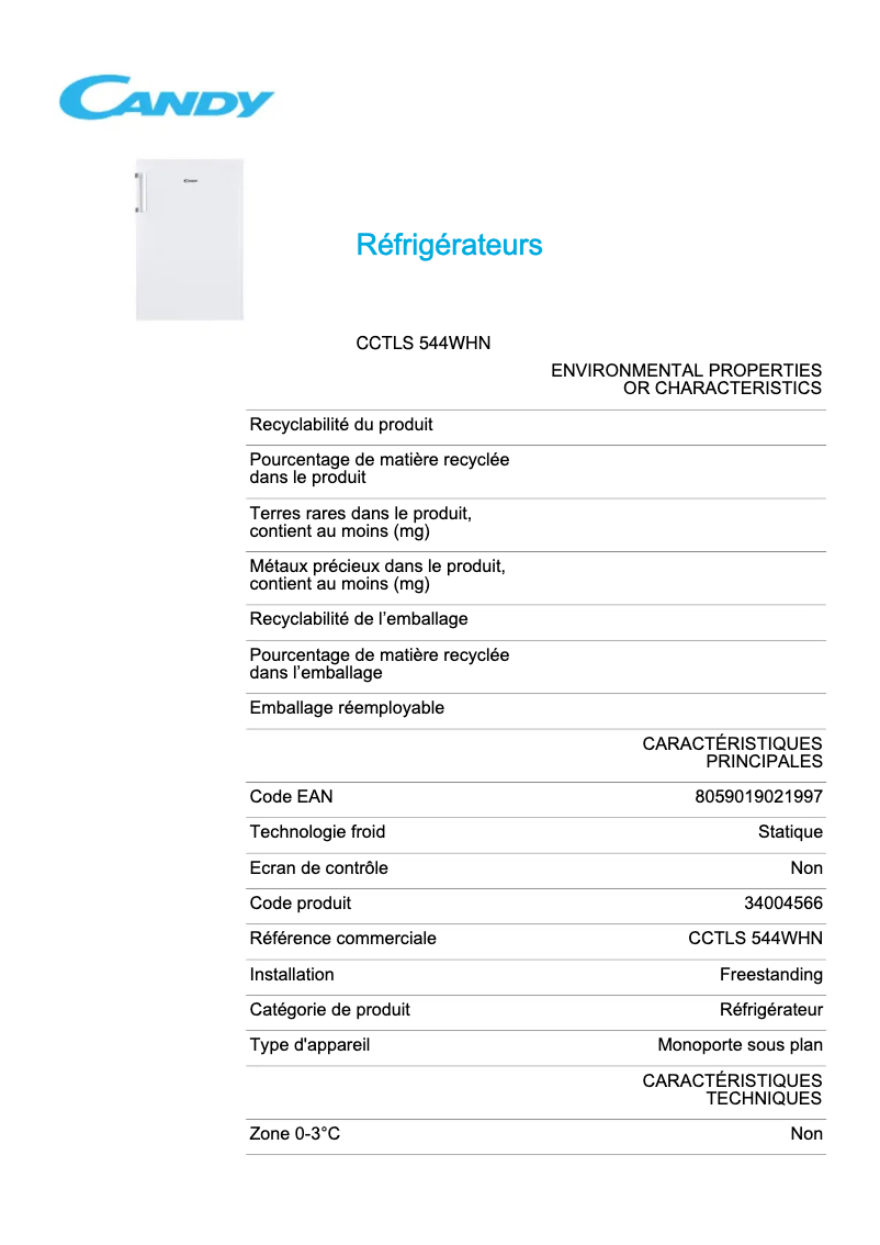 Page 1 de la notice Fiche technique Candy CCTLS 544WHN