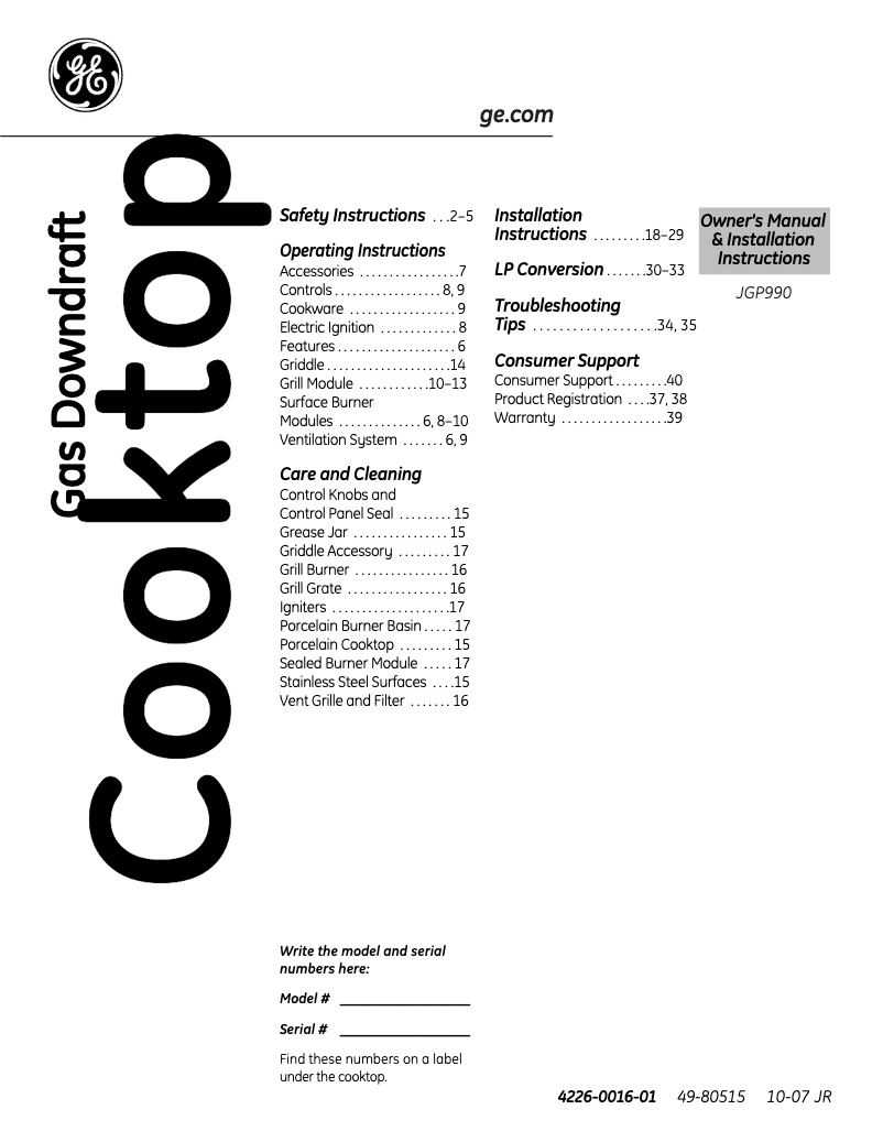 First page image of the manual for Profile JGP990SELSS