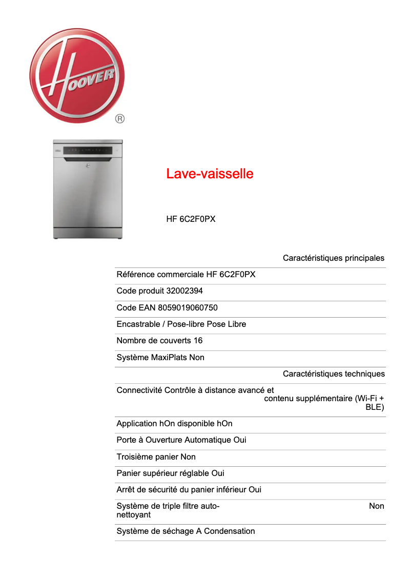 Page n°1 - Fiche technique Hoover HF 6C2F0PX