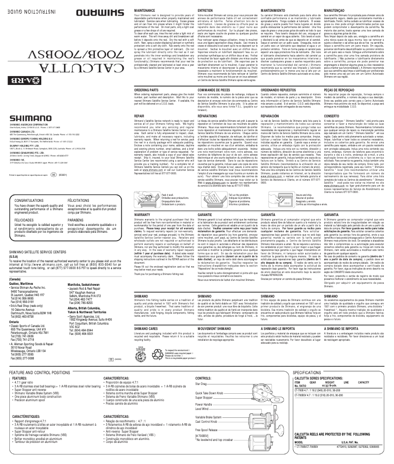 Page n°1 - Manuel utilisateur Shimano Calcutta 700BSV