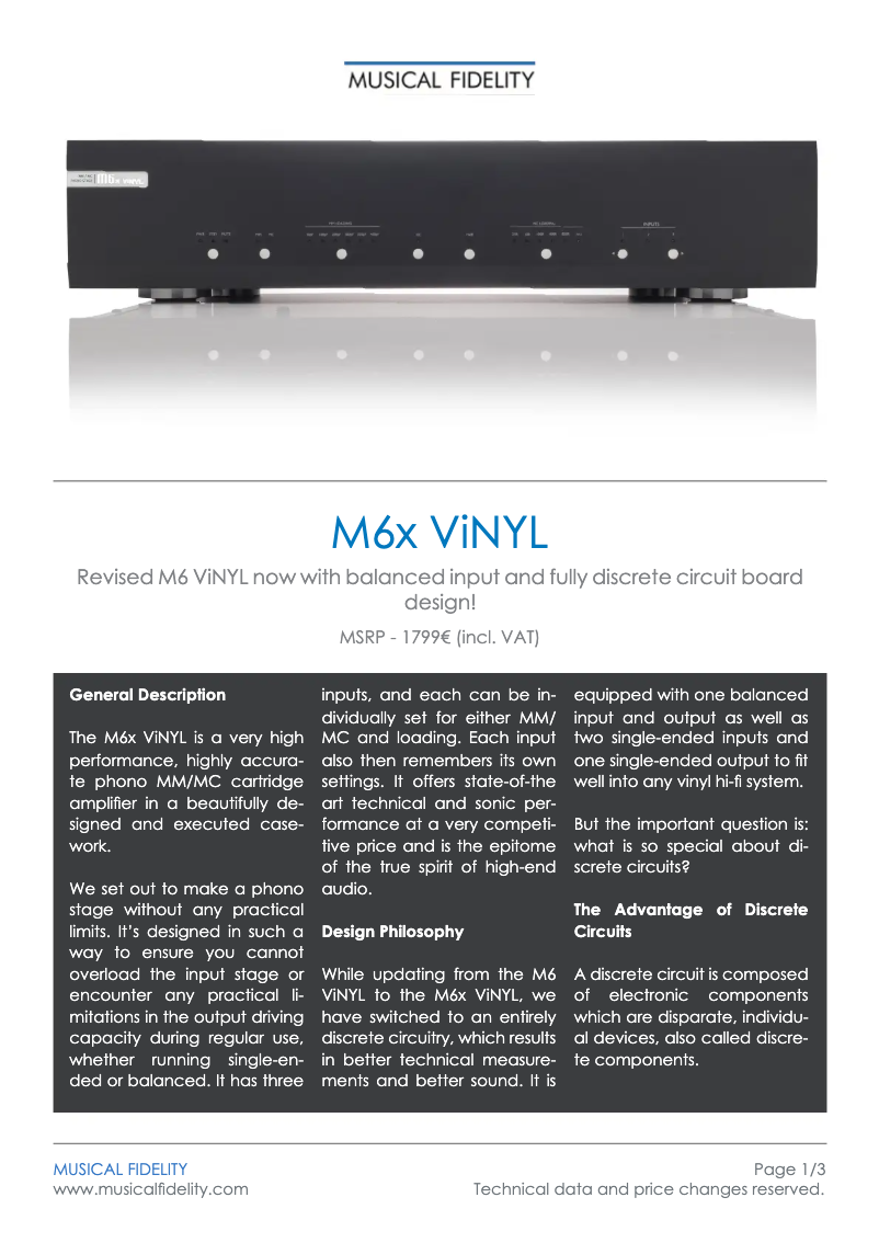 Page 1 of the manual Technical Sheet Musical Fidelity M6x Vinyl