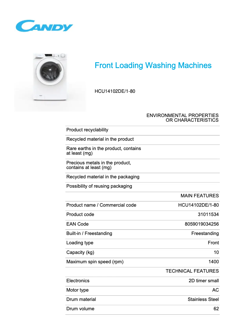 Page 1 de la notice Fiche technique Candy HCU14102DE/1-80