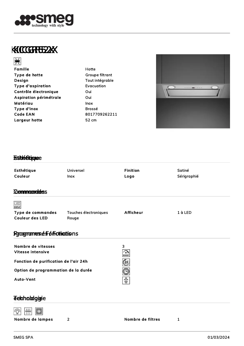 Page 1 de la notice Fiche technique Smeg KICGR52X