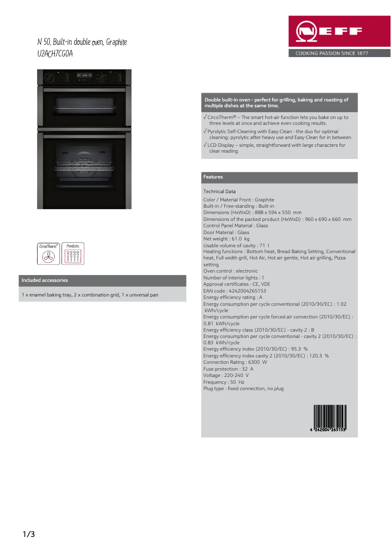 Page 1 de la notice Fiche technique Neff U2ACH7CG0A