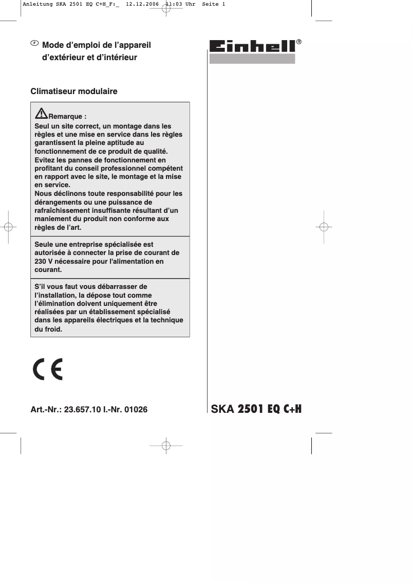 Image de la première page du manuel de l'appareil SKA 2501 EQ C+H