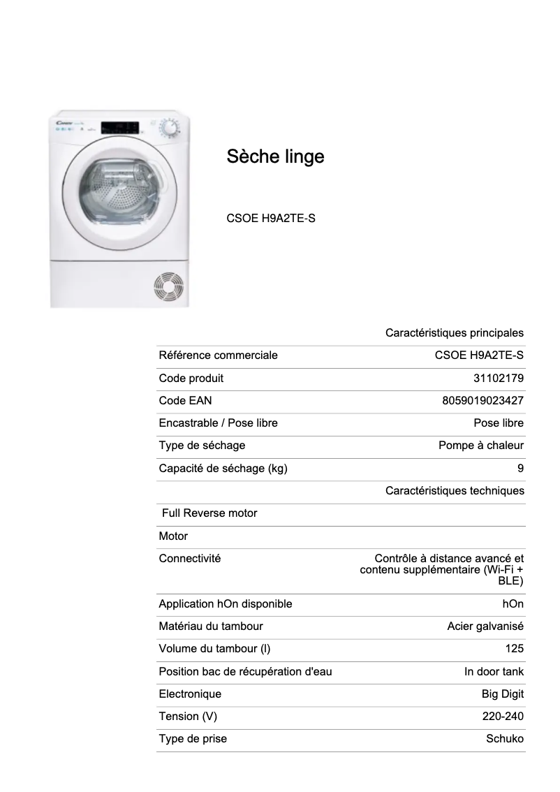 Page 1 de la notice Fiche technique Candy CSOE H9A2TE-S