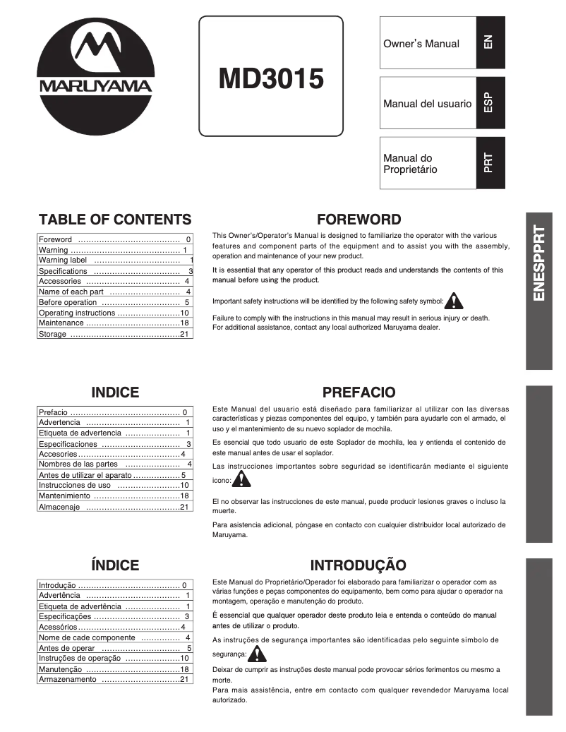 Page n°1 - Manuel utilisateur Maruyama MD3015