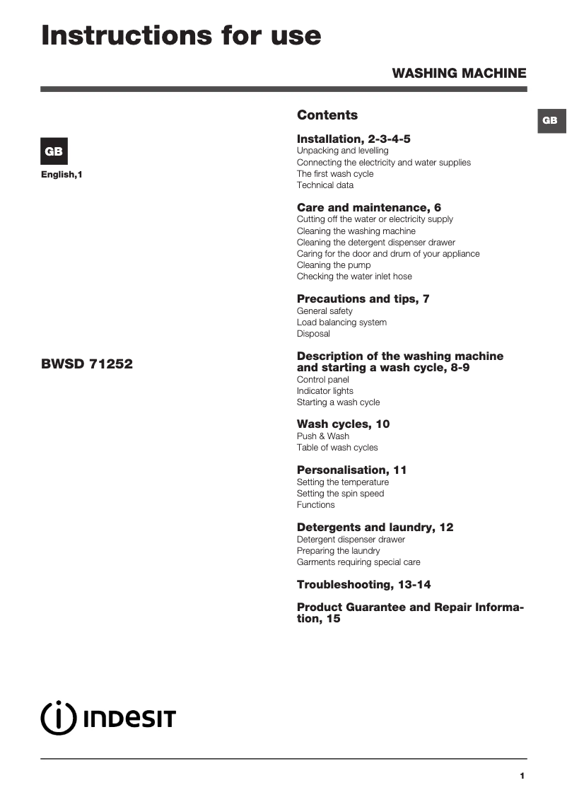Page n°1 - Mode d'emploi Indesit BWSD 71252 W UK