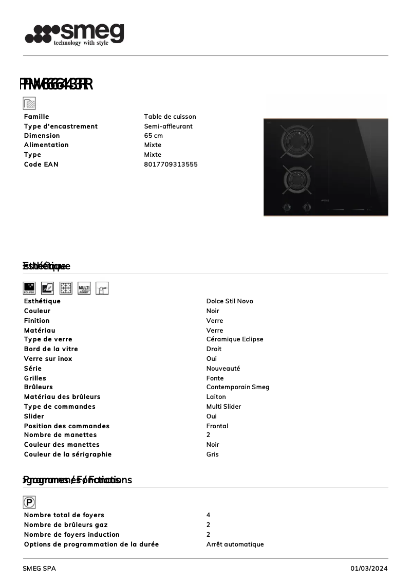 Page 1 de la notice Fiche technique Smeg PM6643R