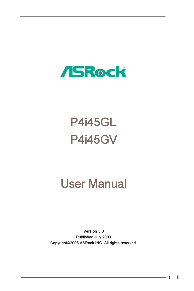 Page 1 de la notice Manuel utilisateur Asrock P4i45GV R3.0
