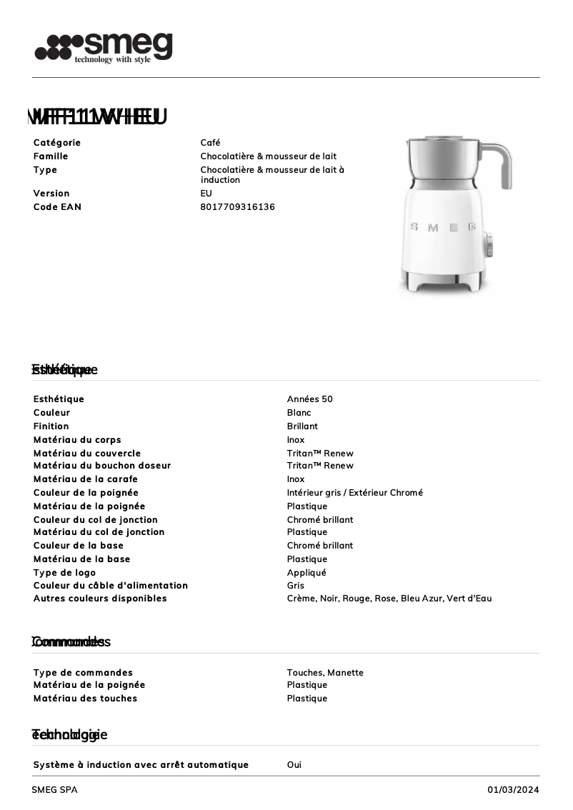 Page 1 de la notice Fiche technique Smeg MFF11