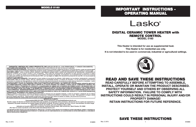 Page 1 de la notice Manuel utilisateur Lasko 5160