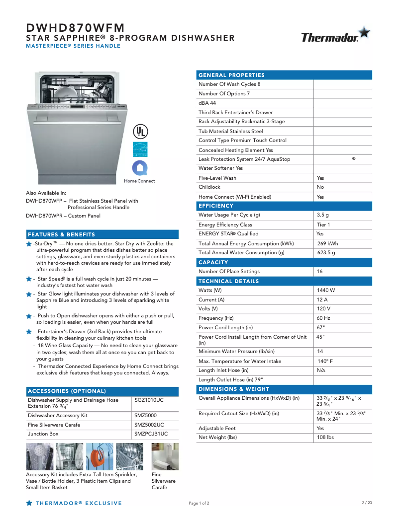 Page 1 de la notice Fiche technique Thermador DWHD870WFM