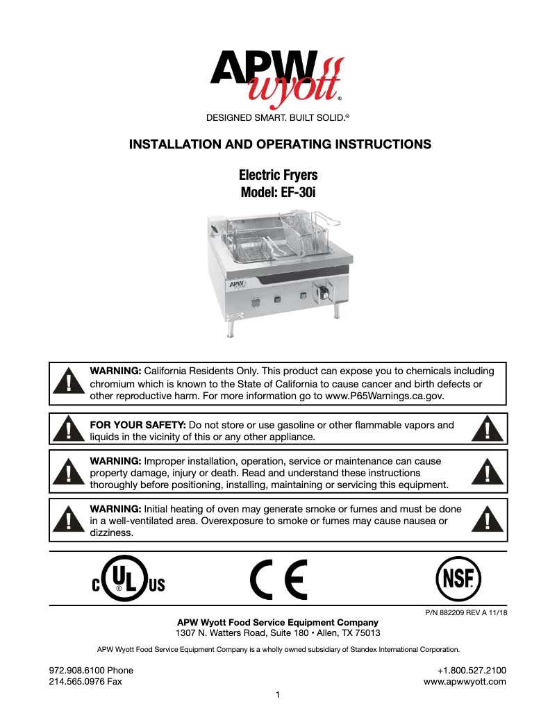 Page n°1 - Manuel utilisateur APW Wyott EF-30i