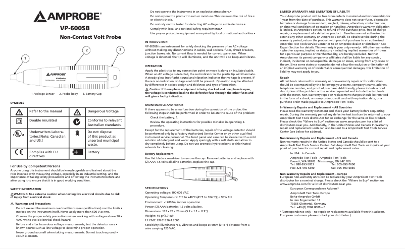 Page 1 de la notice Manuel utilisateur Amprobe VP-600SB