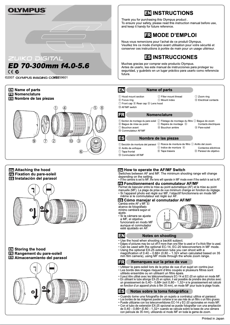 Page 1 de la notice Manuel utilisateur Olympus ED 70-300mm F4.0-5.6