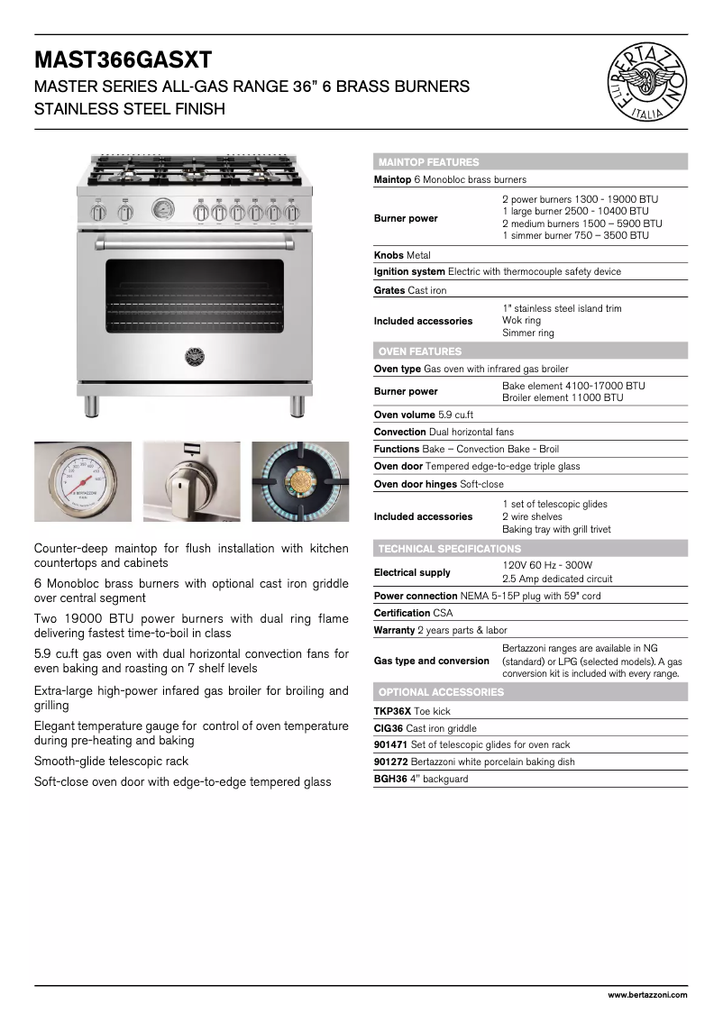 Page 1 de la notice Fiche technique Bertazzoni MAST366GASXT