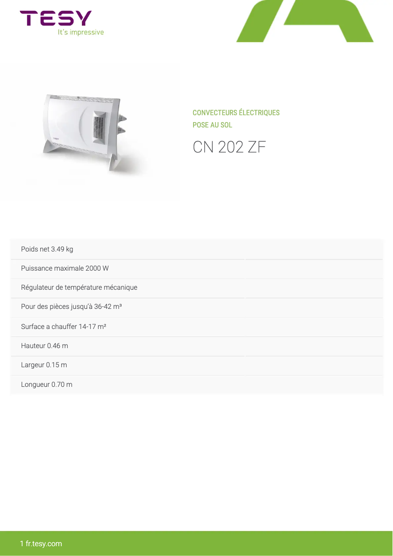 Page 1 de la notice Fiche technique Tesy CN 202 ZF