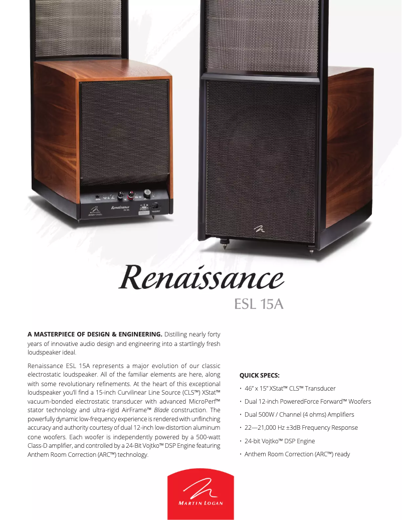 Page n°1 - Fiche technique Martin Logan Renaissance ESL 15A