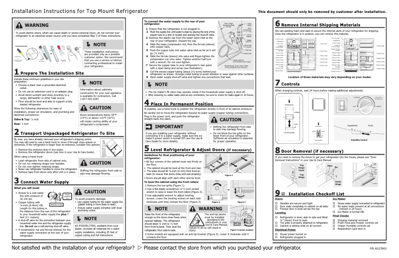 Page 1 de la notice Guide d'installation Frigidaire FFTR20G2QW
