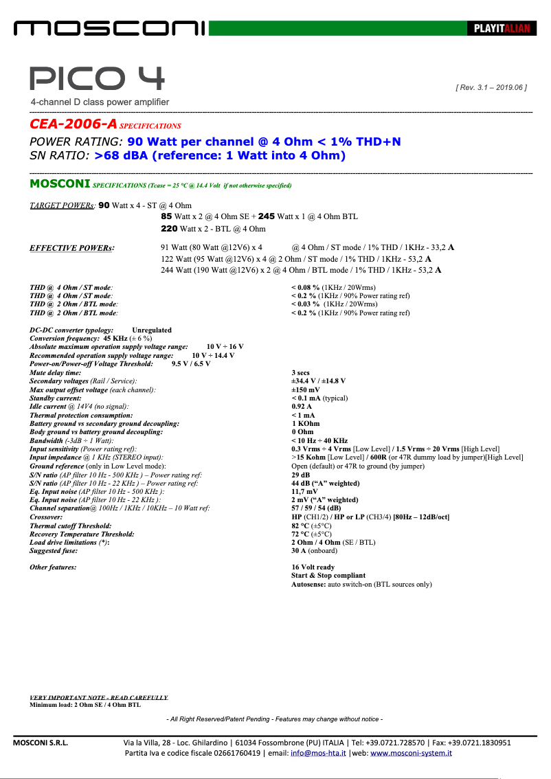 Página 1 del manual Ficha técnica Mosconi Gladen Pico 4