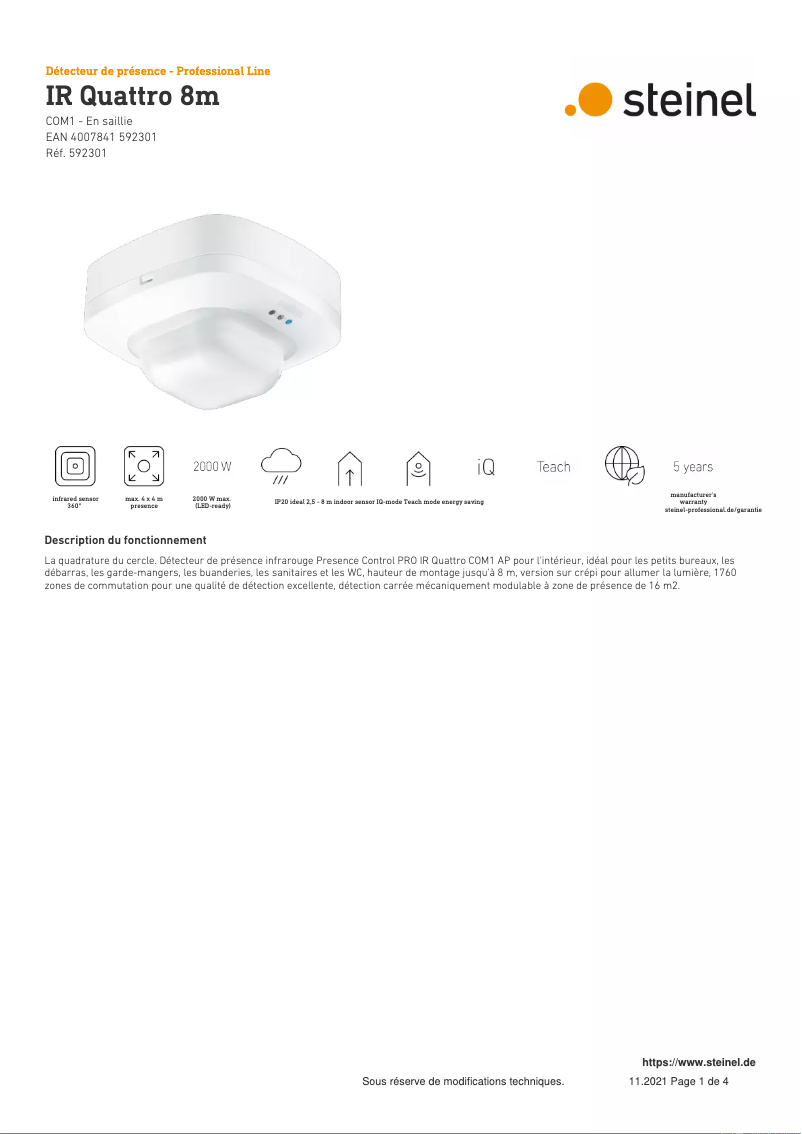 Page 1 de la notice Fiche technique Steinel IR Quattro 8m