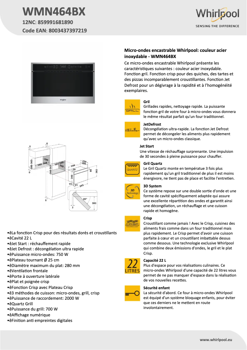 Página 1 del manual Ficha técnica Whirlpool WMN464BX