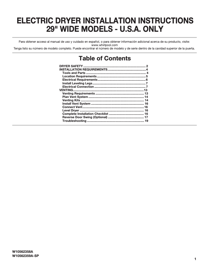 Page n°1 - Guide d'installation Maytag MEDX655DW