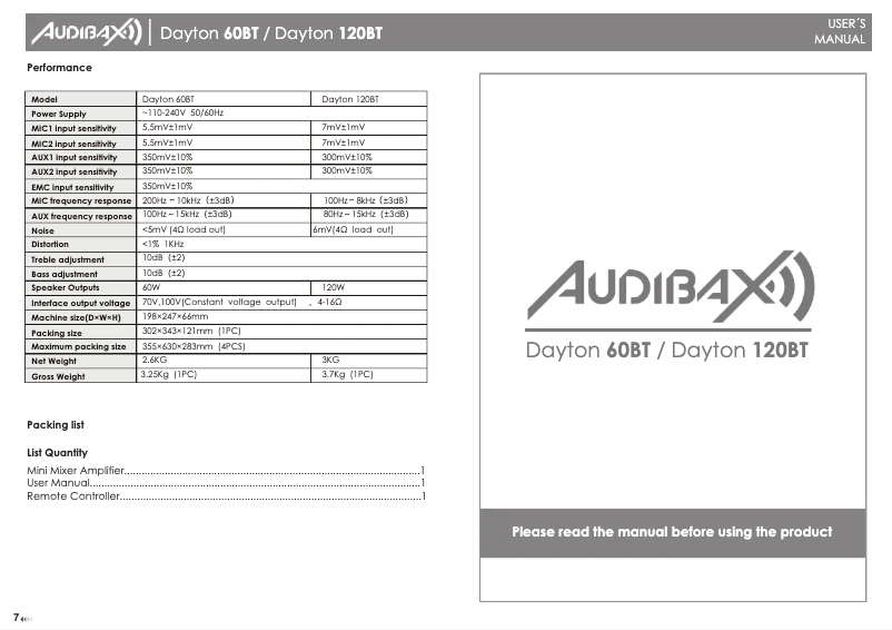Page 1 de la notice Manuel utilisateur Audibax Dayton 120 BT