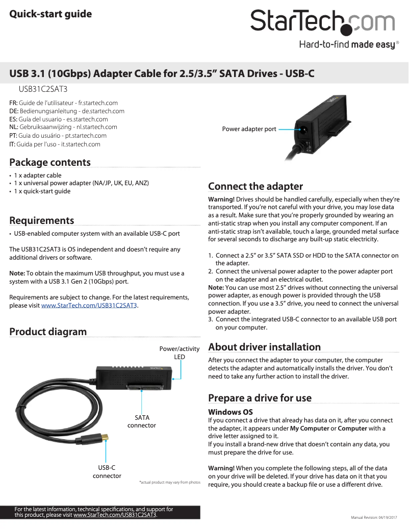 Page n°1 - Manuel utilisateur StarTech.com USB31C2SAT3