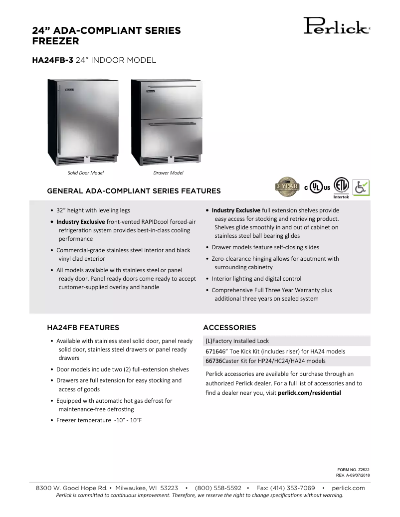 Página 1 del manual Ficha técnica Perlick HA24FB-3-5