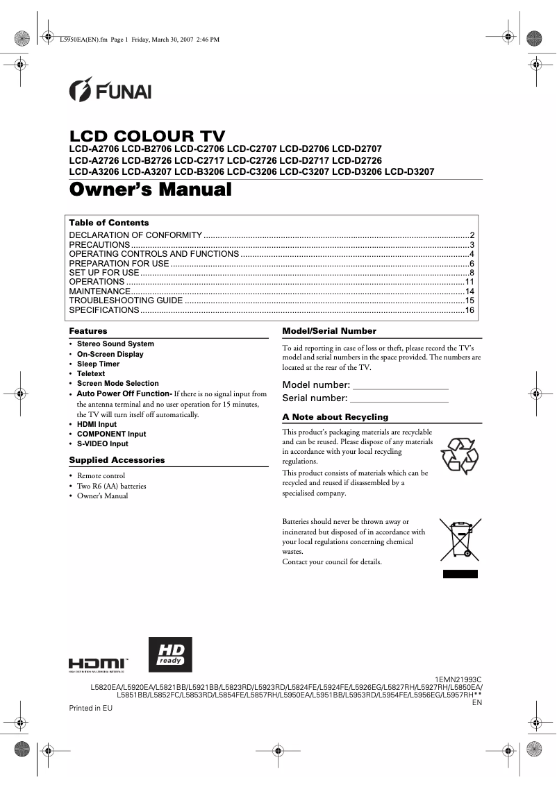 Page n°1 - Manuel utilisateur Funai LCD-B2706