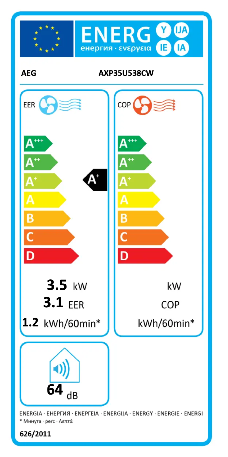 Page 1 de la notice Label énergétique AEG AXP35U538CW