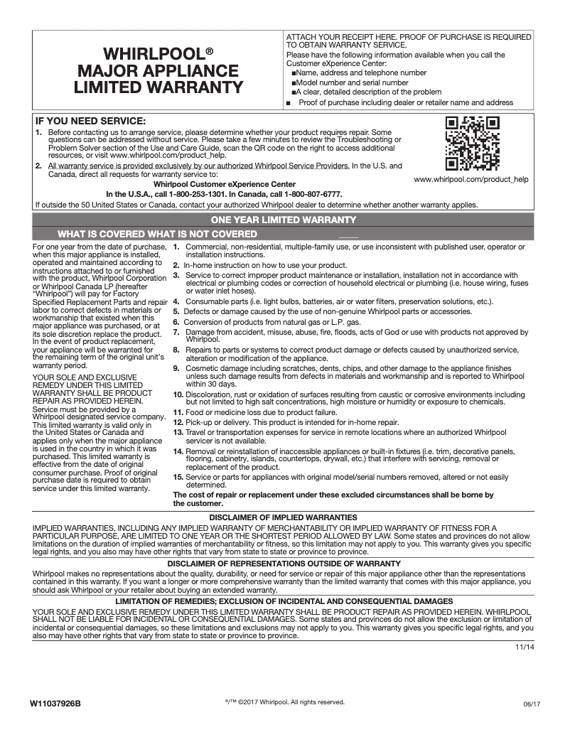 Page 1 de la notice Informations de garantie Whirlpool WMHA9019HV