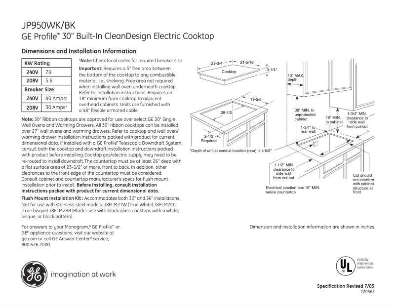 Page 1 of the manual Technical Sheet GE Profile JP950BKBB