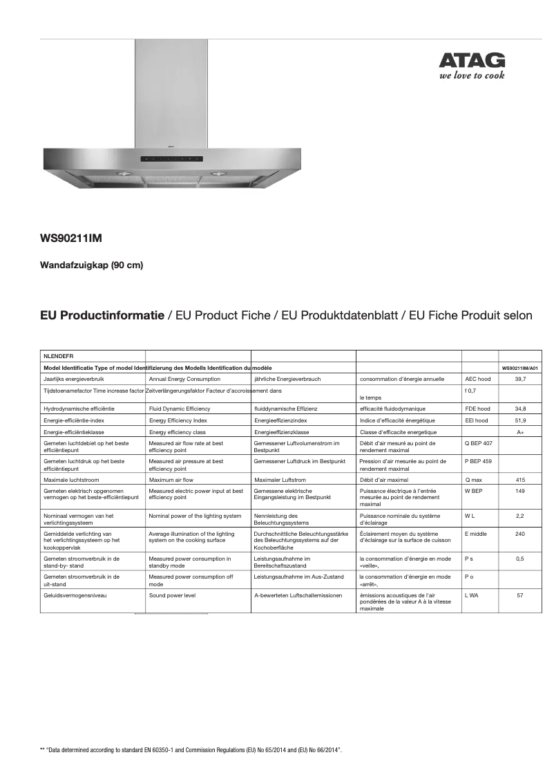 Page 1 de la notice Fiche technique Atag WS90211IM