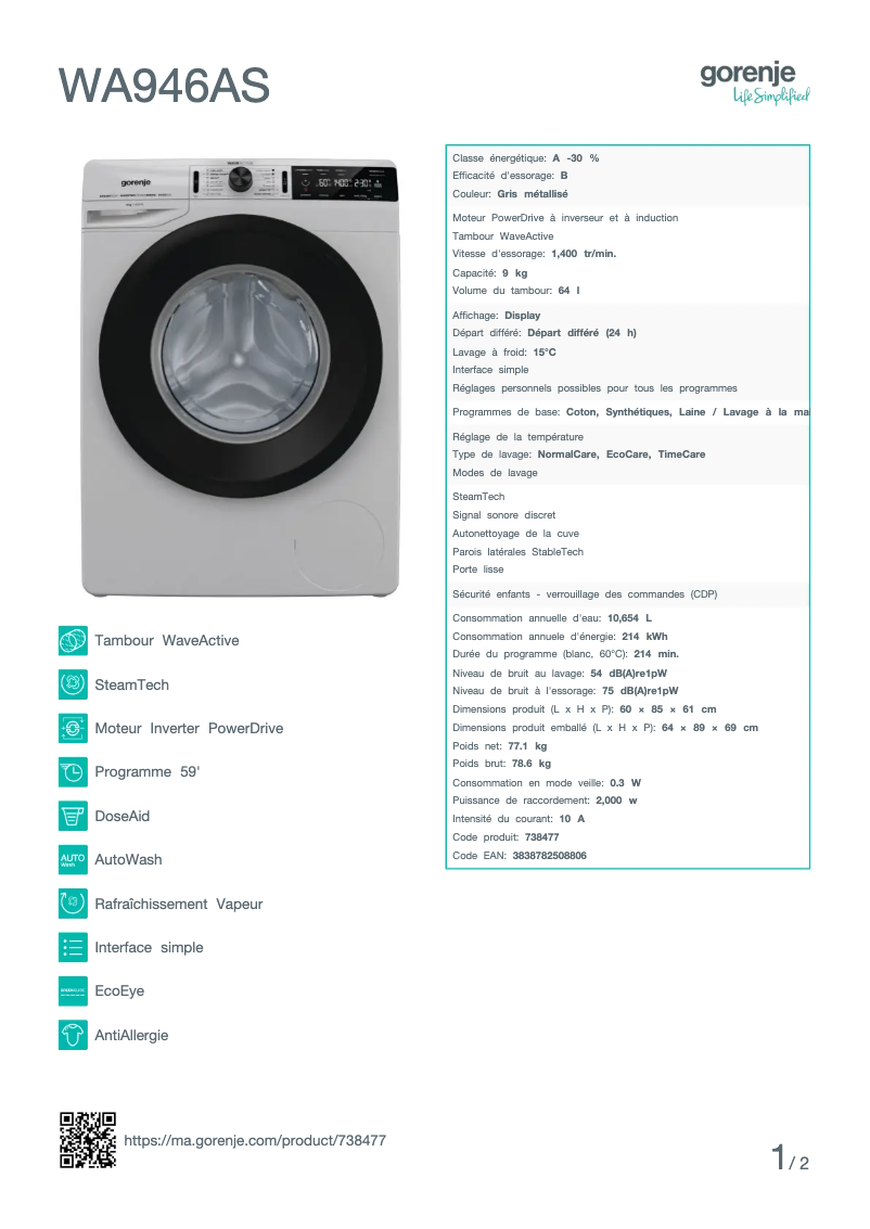 Page n°1 - Fiche technique Gorenje WA946AS