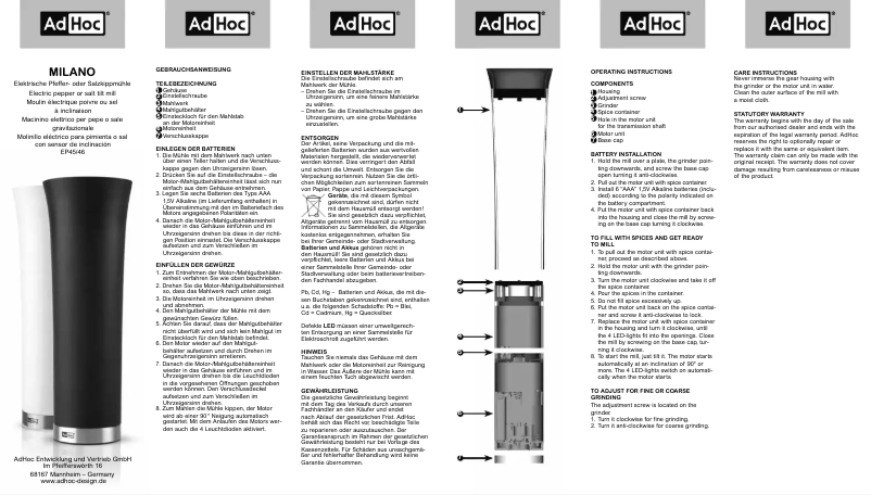 Image de la première page du manuel de l'appareil MILANO