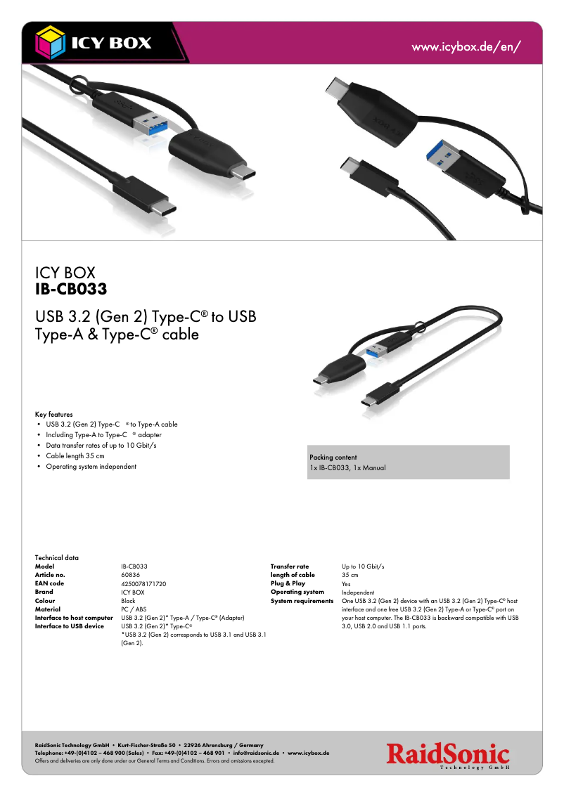 Página 1 del manual Ficha técnica Icy Box IB-CB033