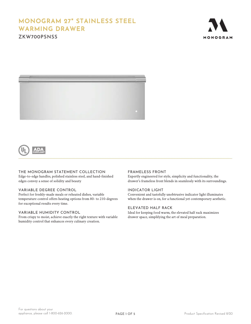 Page n°1 - Fiche technique Monogram ZKW700PSNSS