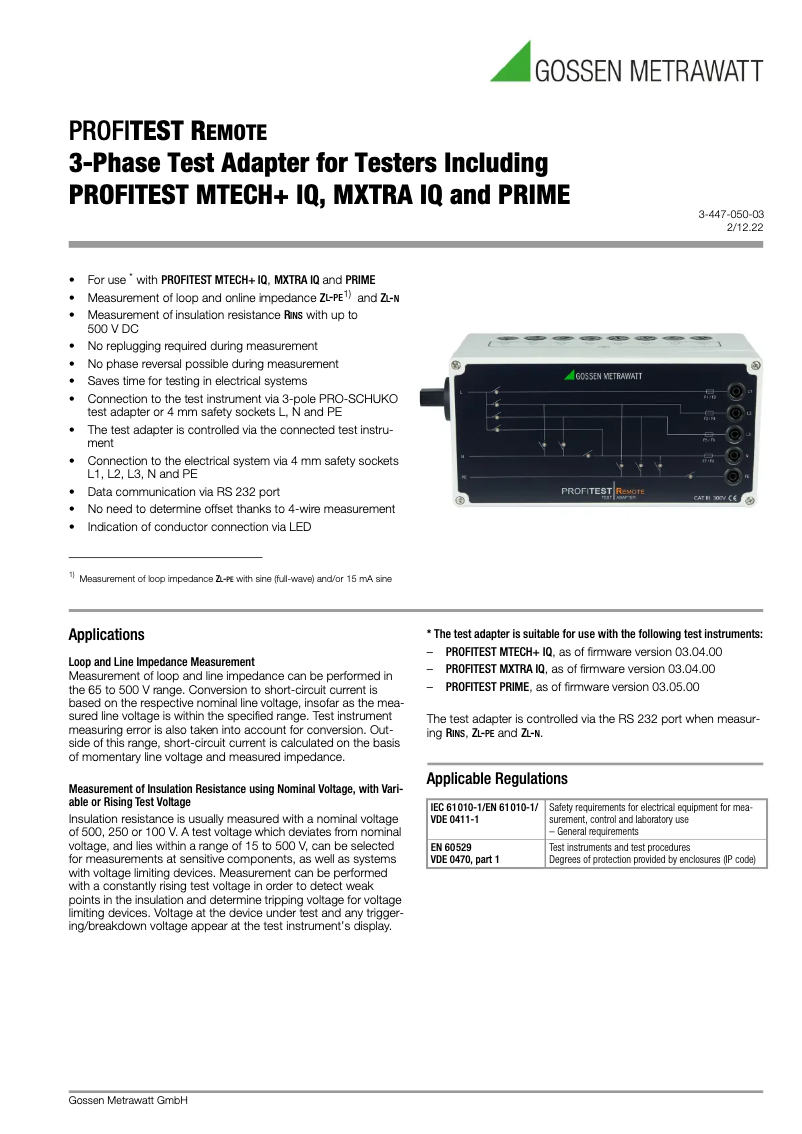 Page 1 de la notice Fiche technique Gossen Metrawatt PROFITEST REMOTE