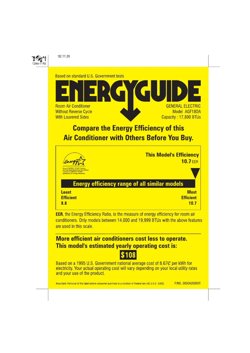 Page n°1 - Label énergétique GE AGF18DA