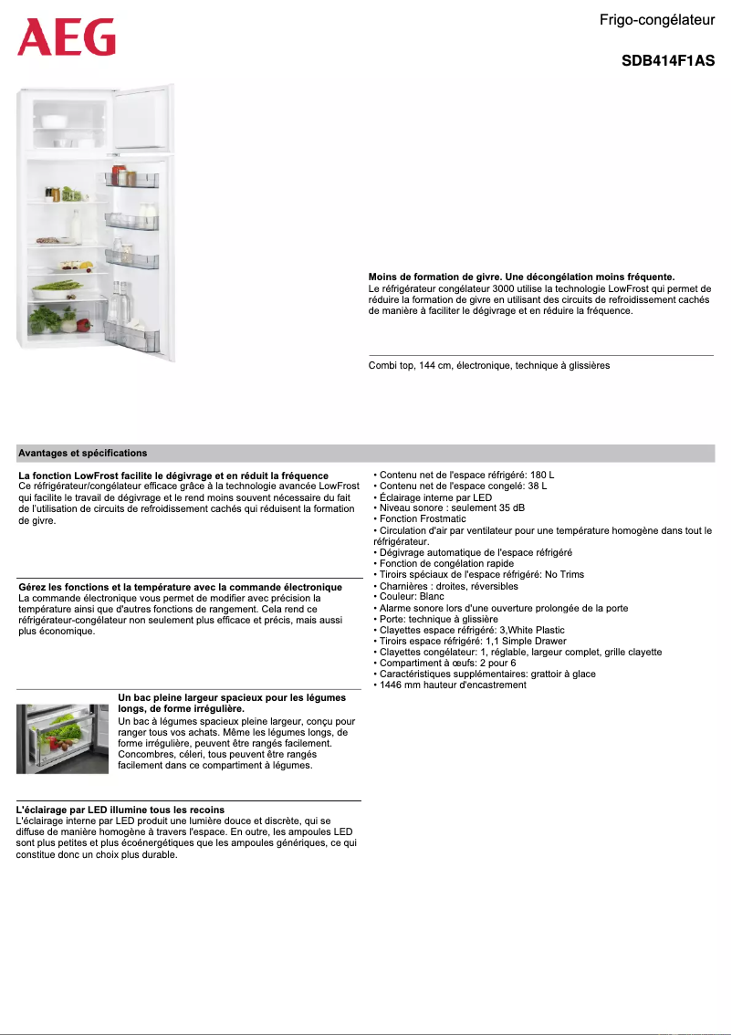 Page 1 de la notice Fiche technique AEG SDB414F1AS