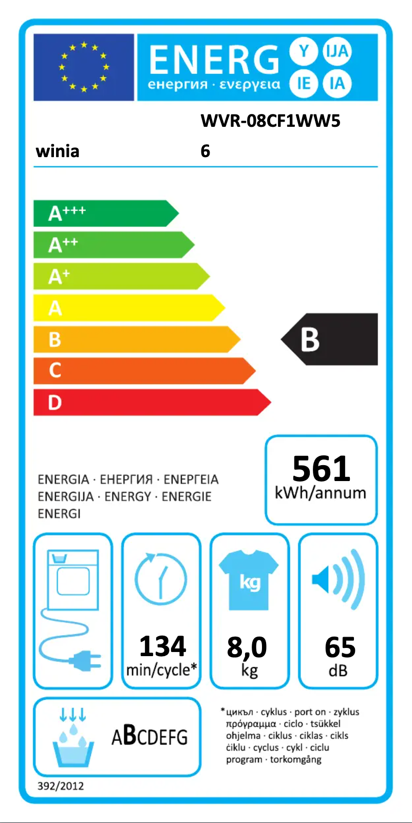 Page n°1 - Label énergétique Winia WVR-08CF1WW56