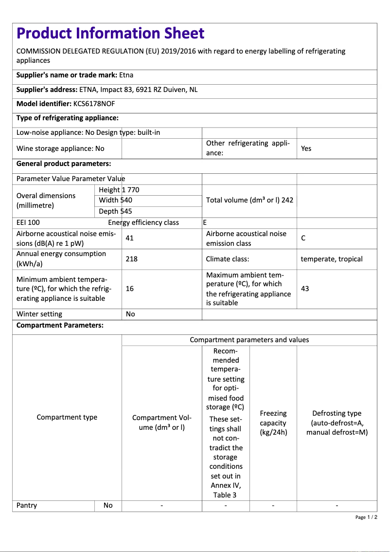 Page 1 de la notice Fiche technique Etna KCS6178NOF
