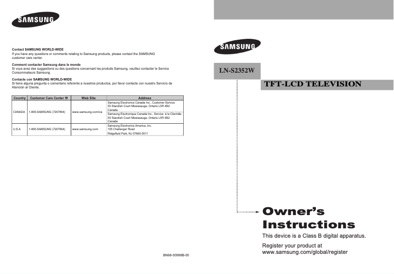 Page 1 de la notice Manuel utilisateur Samsung LN-S2352W