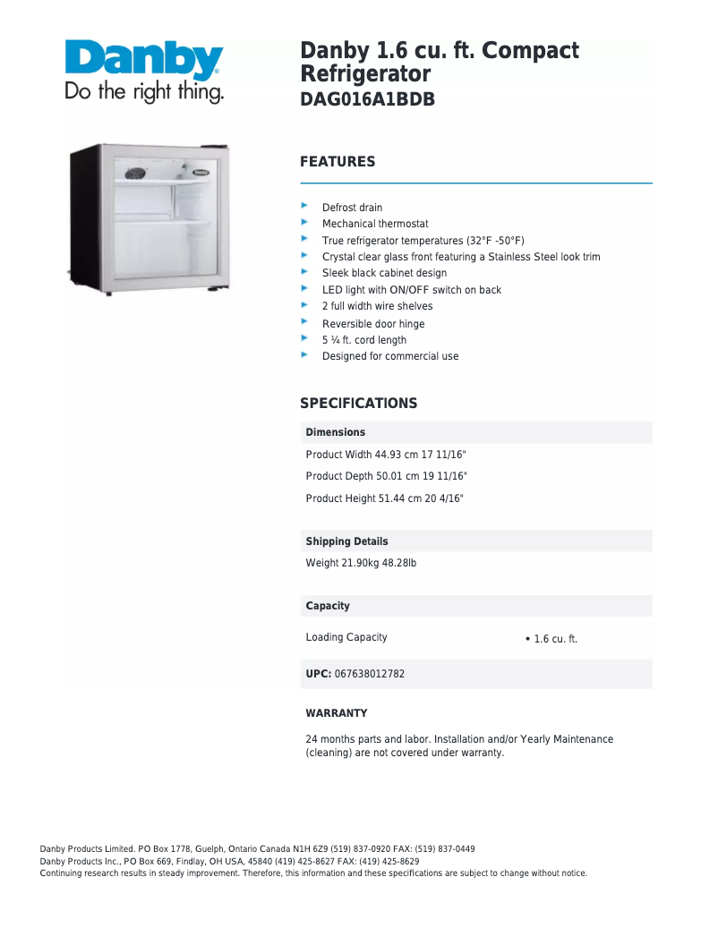 Página 1 del manual Ficha técnica Danby DAG016A1BDB